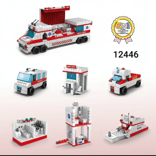 Set of toy building blocks assembled to resemble an ambulance and other related structures on a white background.