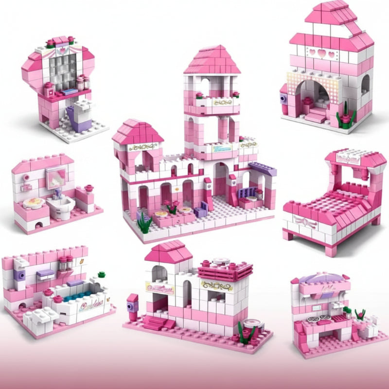 Pink toy castle set with various pieces on a white background