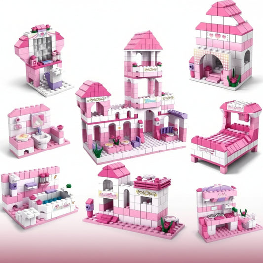 Pink toy castle set with various pieces on a white background