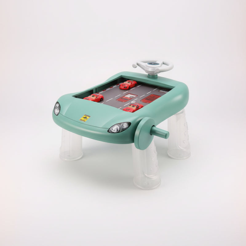 Box of a children's toy car racing game with text and graphics on a white background.