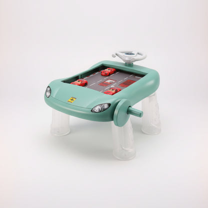 Box of a children's toy car racing game with text and graphics on a white background.