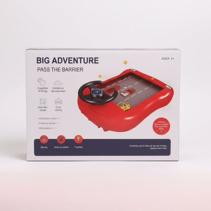 Box of a toy car game with steering wheel and road design, labeled 'Big Adventure Pass the Barrier'.