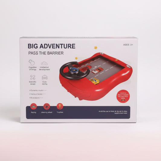 Box of a toy car game with steering wheel and road design, labeled 'Big Adventure Pass the Barrier'.