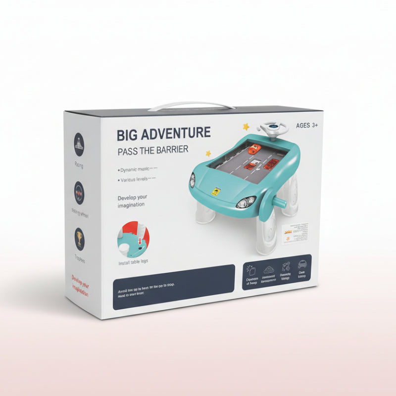 Box for a children's toy named 'Big Adventure Pass the Barrier' on a wooden surface.