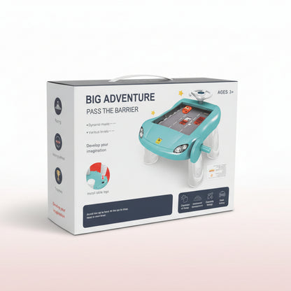 Box for a children's toy named 'Big Adventure Pass the Barrier' on a wooden surface.