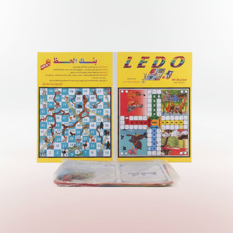 LEDO board game with colorful illustrations on a wooden surface
