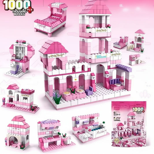 Pink toy building set with various pieces and packaging on a white background