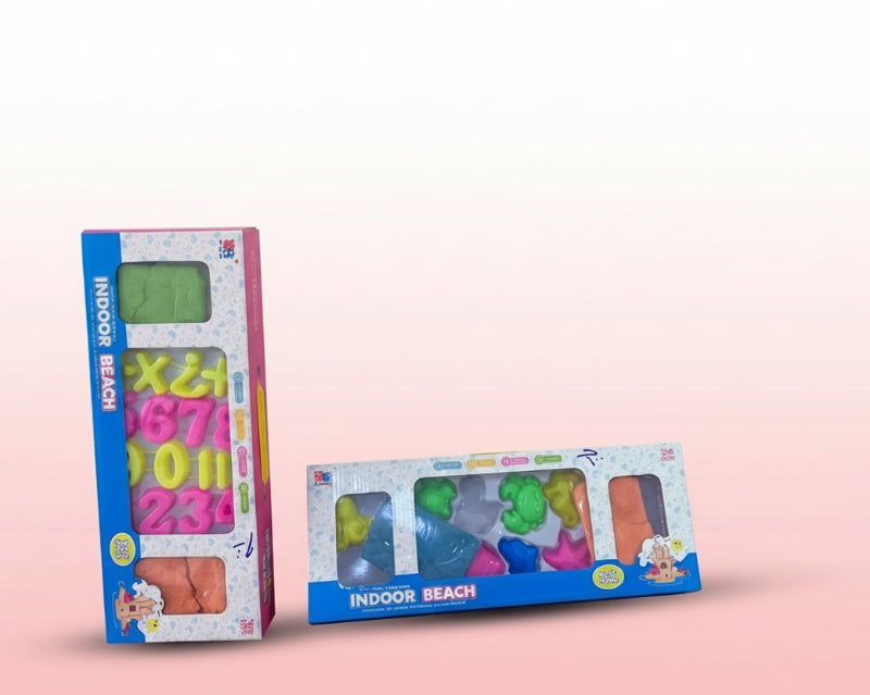 Two packages of colorful indoor beach toys on a pink background
