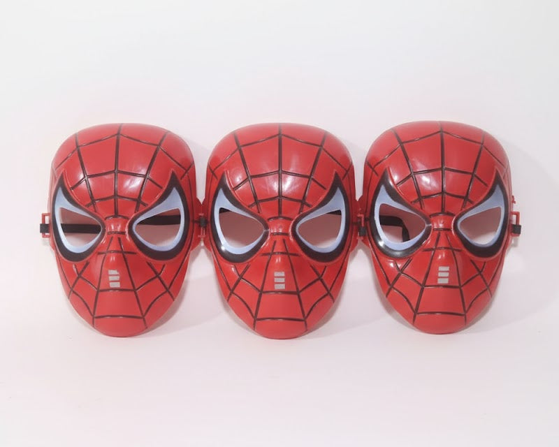 Three Spider-Man masks lined up on a white background