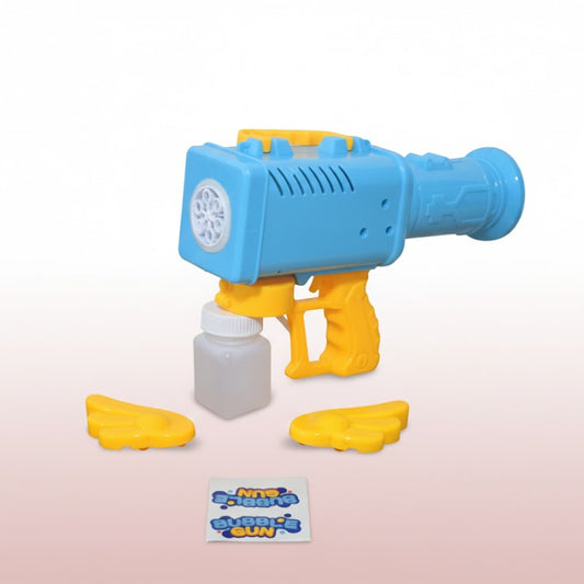 Toy water gun with blue and yellow design on a light pink background